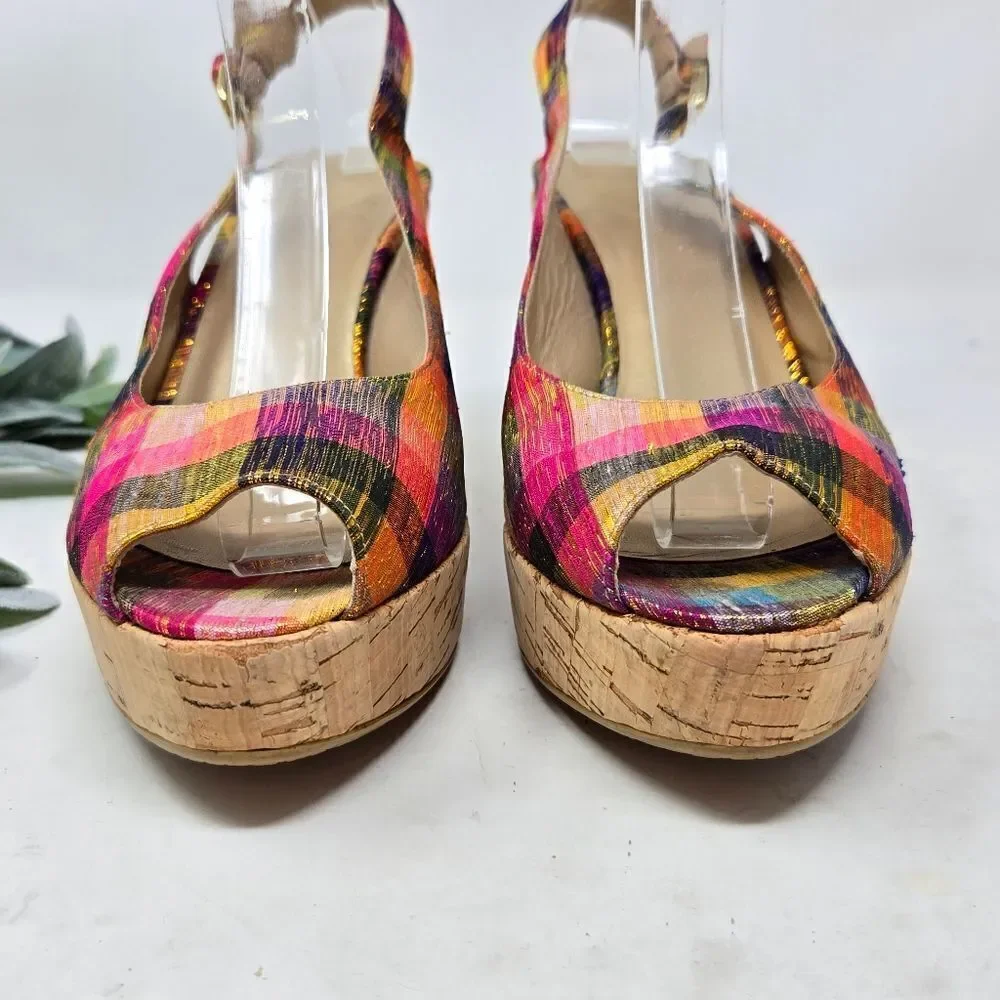 STUART WEITZMAN Jean Winsel‎ Tinsel Metallic Plaid Cork Wedge 9N